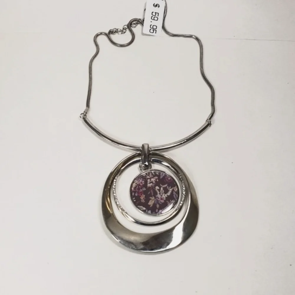 Multi Hoops Flower Pendant Statement Necklace - Polished Silver tone